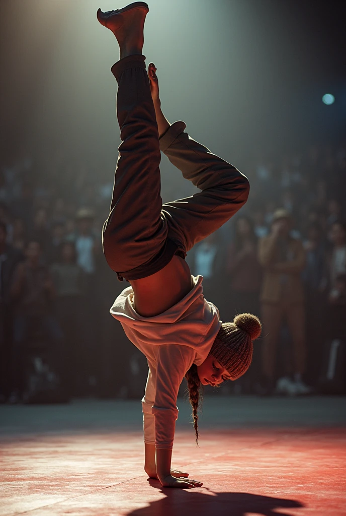 masterpiece、The highest masterpiece、Highest quality、Detailed Description、beautiful、art、woman、break dance、Woman performing、Serious face、Knitted hat、Oversized clothing、Pants Style、Dance Battle、stage、Handstand、Spread your legs wide、One-handed standing、Young woman standing on her head, breakdancing, breakin, dynamic moving poses, dynamic poses full body, dynamic action poses, perfect dynamic poses, dynamic dance poses, dynamic poses realistic, dynamic vitality poses,. Dynamic Pose Full Body, Full Body Dynamic Pose, Super Super Dynamic Dynamic Pose,4K Graphics.