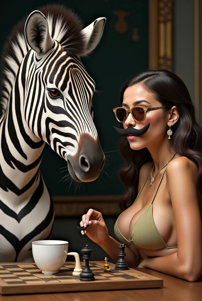 A super-intellectual, monocle-wearing, coffee-drinking, chess-playing zebra versus a bikini-wearing, mustachioed Petra