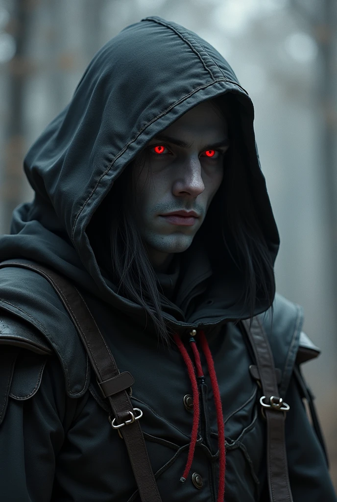MAN eladrin rogue in hood with black hair, gray skin and red eyes