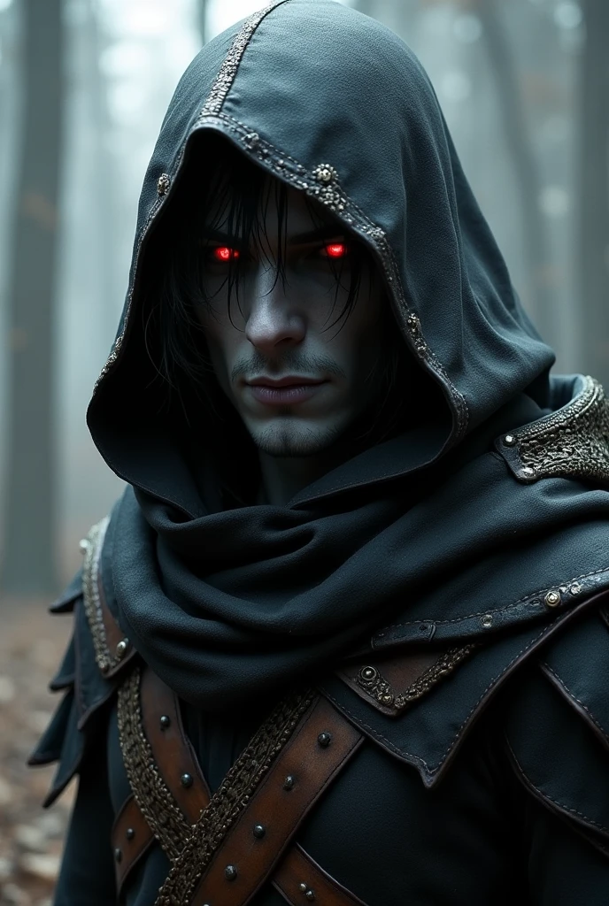 MAN eladrin rogue in hood with black hair, gray skin and red eyes