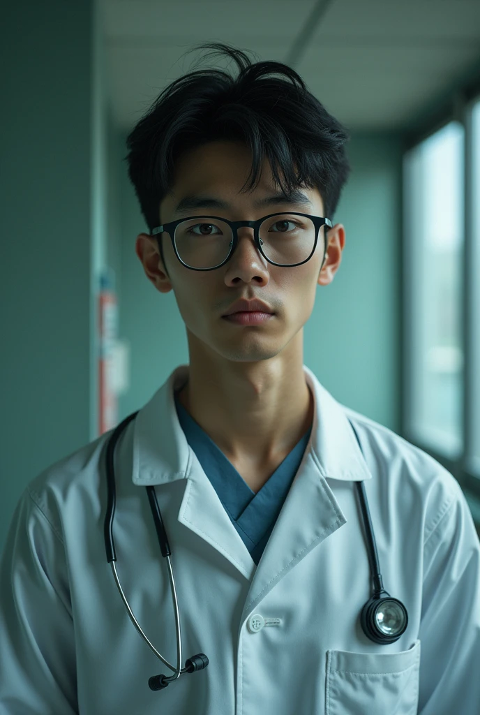 A 28 year old man, Caucasian skin, dark and very short hair, Cao Cao, brawny, wearing glasses, with a lost look, wearing a psychiatric uniform in a hospital. He's attractive, angular face