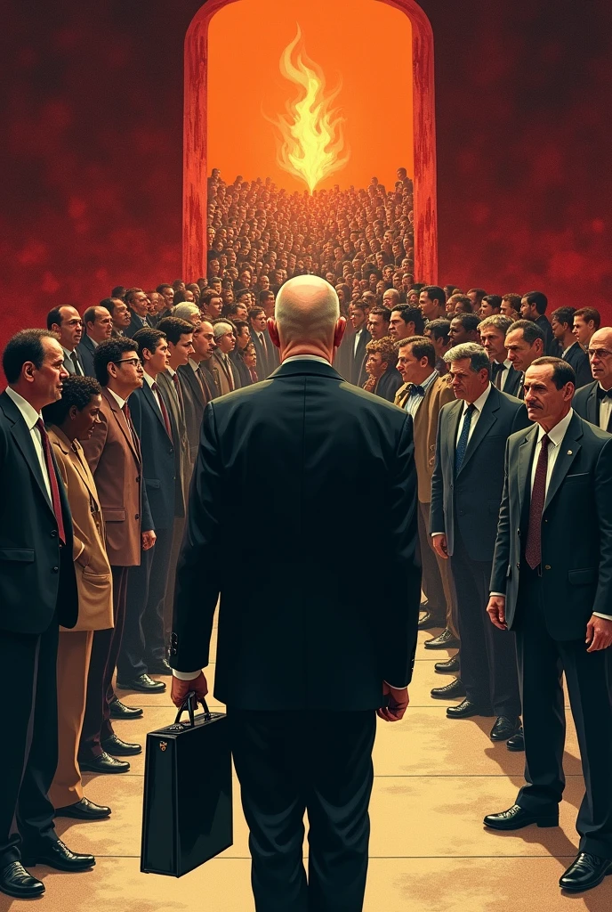 A long queue to hell of various people, in the foreground a bureaucrat, bald and holding a briefcase, in the style of a political cartoon, irony and grotesque, an infernal vibe