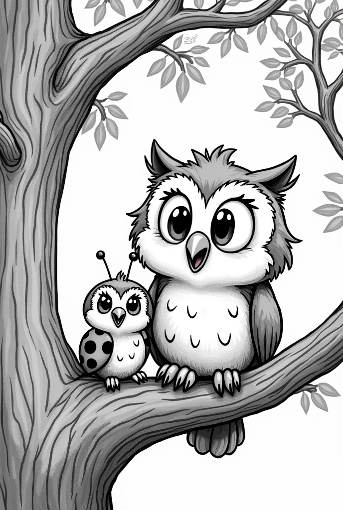 Black and white cartoon of happy bright-eyed owl with her ladybug friend in the tree