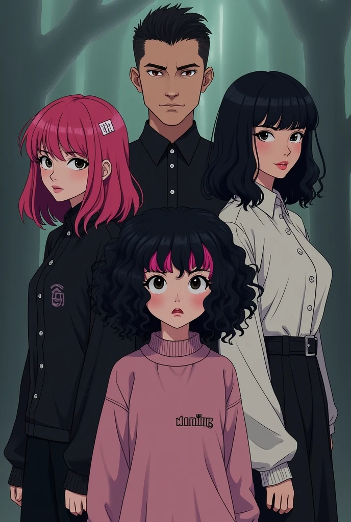 E-girl in a light pink sweater with black Power hair, with outlined, and E-girl with black coat and curly black Power hair, and another e-girl with a black coat, straight hair with pink bangs, a little towards the shade of red, with the rest of her hair black, and finally a dark-haired man with short hair shaved on the side, with a thick cord, with a black blouse