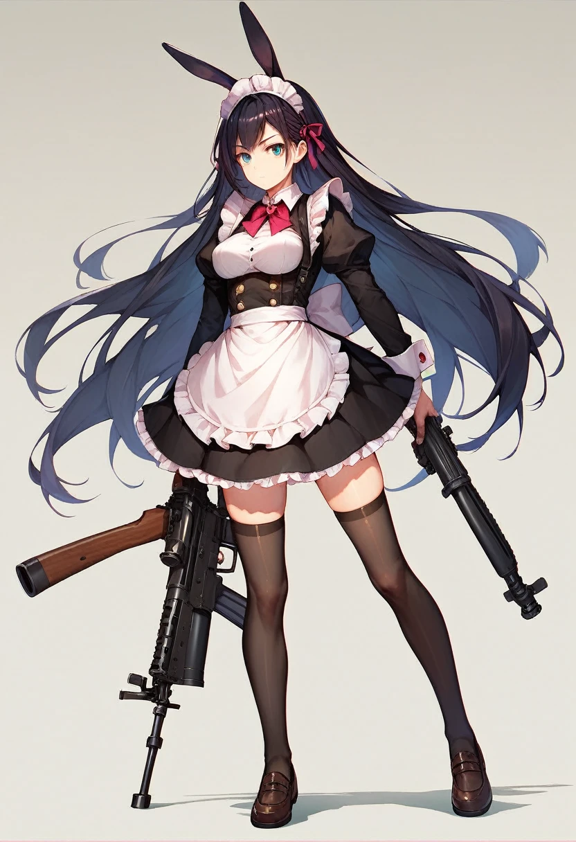 1girl, solo, long hair, black hair, thighhighs, holding, animal ears, weapon, rabbit ears, gun, maid, maid headdress, letterboxed, rifle, mecha musume, sniper rifle