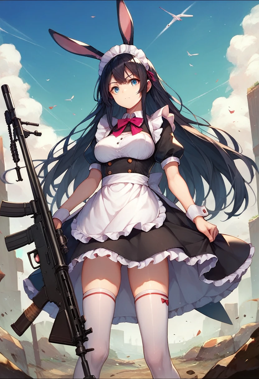1girl, solo, long hair, black hair, thighhighs, holding, animal ears, weapon, rabbit ears, gun, maid, maid headdress, letterboxed, rifle, mecha musume, sniper rifle
