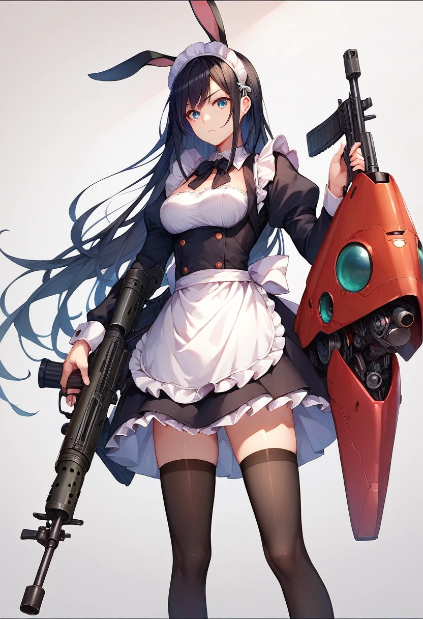 1girl, solo, long hair, black hair, thighhighs, holding, animal ears, weapon, rabbit ears, gun, maid, maid headdress, letterboxed, rifle, mecha musume, sniper rifle