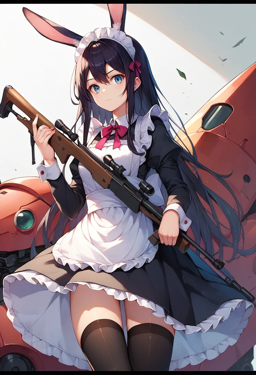 1girl, solo, long hair, black hair, thighhighs, holding, animal ears, weapon, rabbit ears, gun, maid, maid headdress, letterboxed, rifle, mecha musume, sniper rifle