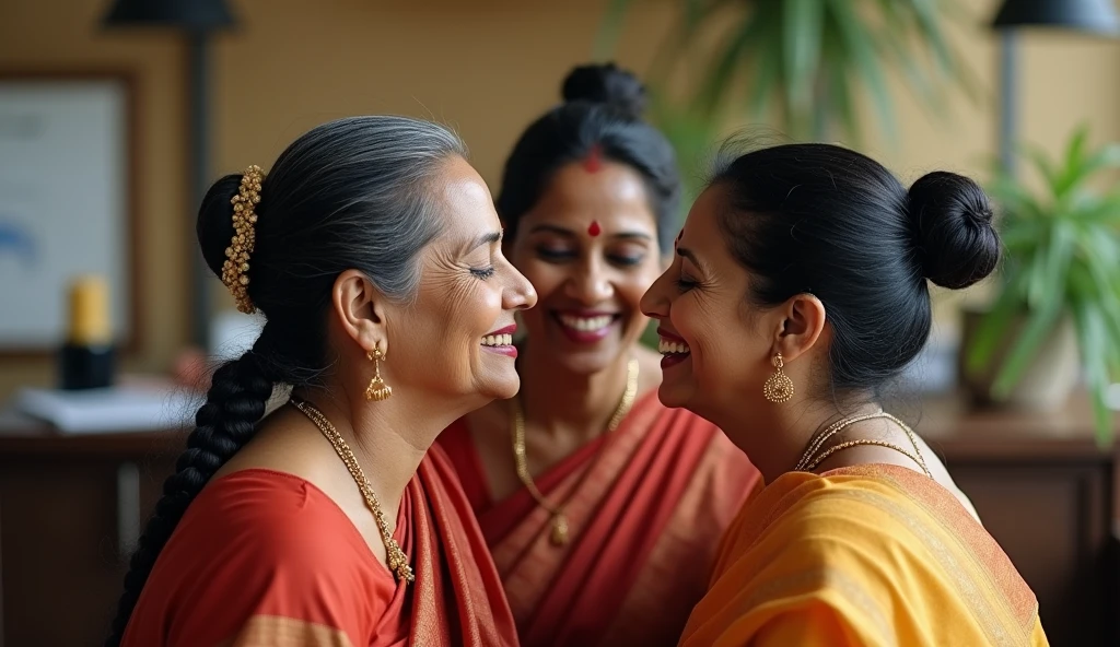 in luxerius office items sorrounded bright lighted modern indian office,three 65 years old eldery indian ladies in full nude,while kissing scalp keeping tongue out in sarees,red lipsstick,twin bun cornrowed braided hair,flooded with 10000000 liters hair oil into hair,hairs like oil pulp,slick combed hair lines highly visible,one lady kissing head scalp on top of the other lady.kissing,{{{{{{NSFW}}}}},{{{{{Full nude}}}}}