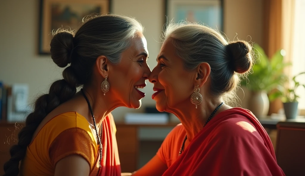 in luxerius office items sorrounded bright lighted modern indian office,three 65 years old eldery indian ladies in full nude,while kissing scalp keeping tongue out in sarees,red lipsstick,twin bun cornrowed braided hair,flooded with 10000000 liters hair oil into hair,hairs like oil pulp,slick combed hair lines highly visible,one lady kissing head scalp on top of the other lady.kissing,{{{{{{NSFW}}}}},{{{{{Full nude}}}}}