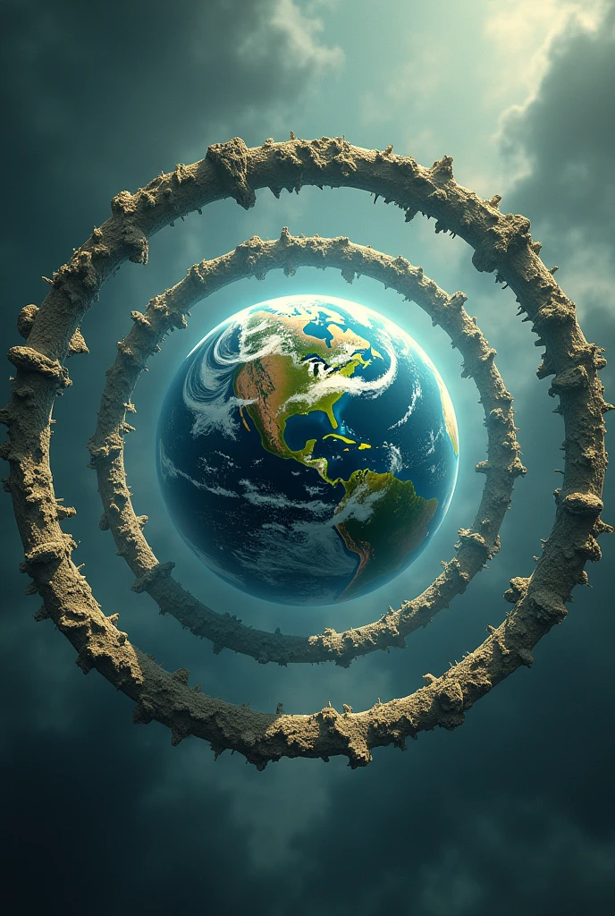 Planet Earth with 4 rings The first of stones The second of mud The third of dark cloud The fourth of light The four around the Earth
