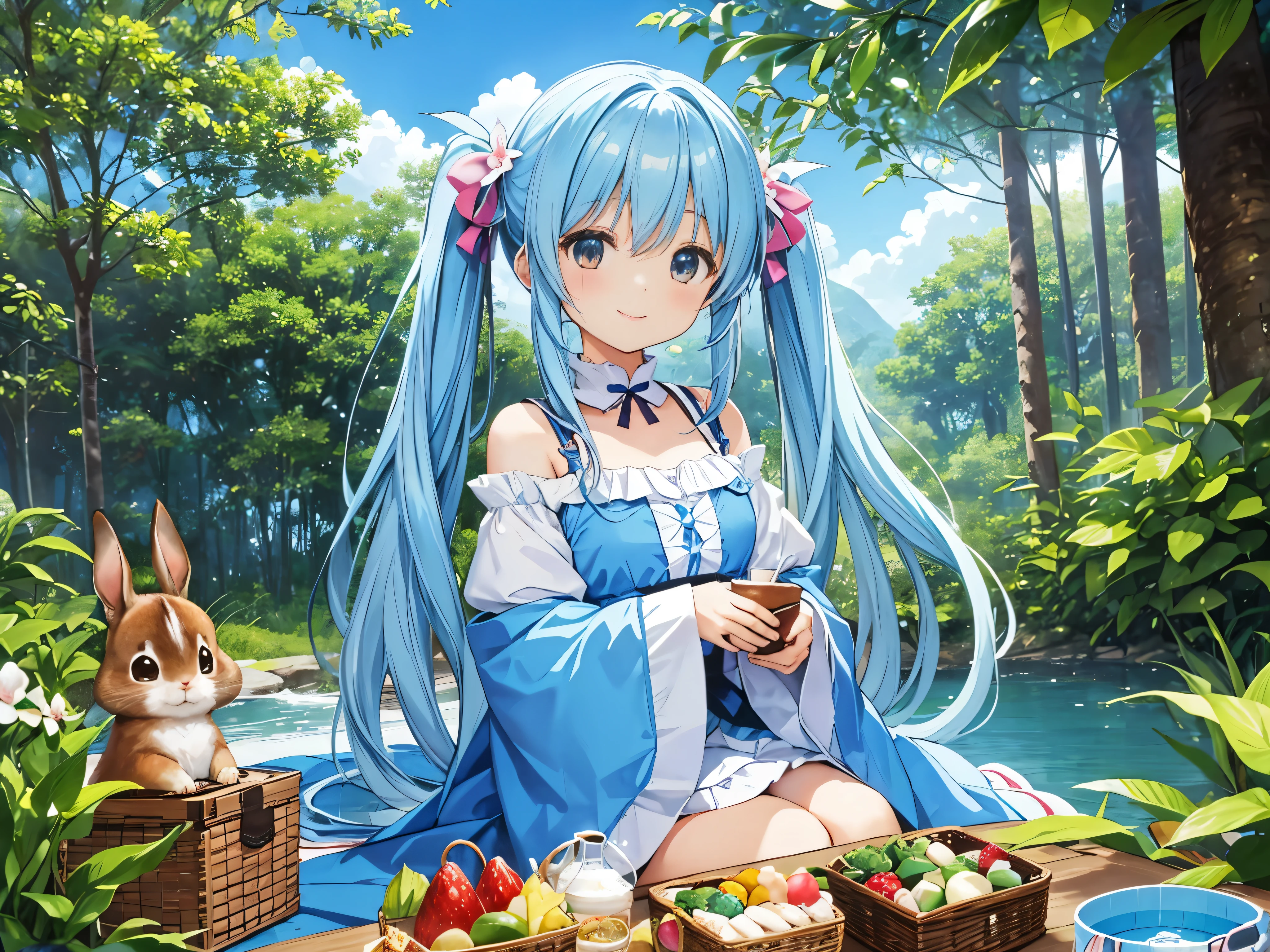 Light blue long hair、beautiful girl with twin tails、blue sky、in the forest、Enjoy a picnic surrounded by orchids at this beautiful orchid garden、Chocolate drinks、Lots of fruit、Bento、There are also lots of sweets、The same goes for chibi characters...、My forest friends, rabbits and squirrels, are with me too...、Smile、Cute Costumes