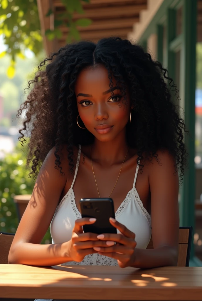 there is a black woman , the woman has curly black curly, she has dark skin, with dark brownish skin, with long curly, long black curly hair she is at a Sumer cafe texting on her phone