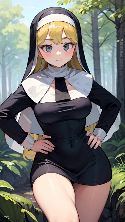 (masterpiece:1.3, Highest quality, Ultra-high resolution, Very detailed), (Realistic:1.1, photoRealistic:1.4), Beautiful illustrations, Perfect lighting,Written boundary depth, Beautiful detailsまでこだわった髪, Beautifully detailed face, Beautiful details, Beautiful clavicle, Beautiful body, Beautiful juicy breasts, Beautiful thighs, Beautiful feet, View your viewers, 1 Girl,Perfect Face, (Perfect Anatomy, Anatomically correct), Cute and symmetrical face、Baby Face ((Lustrous long blonde hair)) (((nun))) (Beautiful views), (in the forest, Church in the distance), Are standing, (Put one hand on your hip), (Cute Smile, smile)、Sexy Body