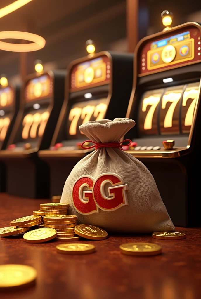 Various slot machines with the number "777" on the screen , bags of money written "GG" written in gold coins