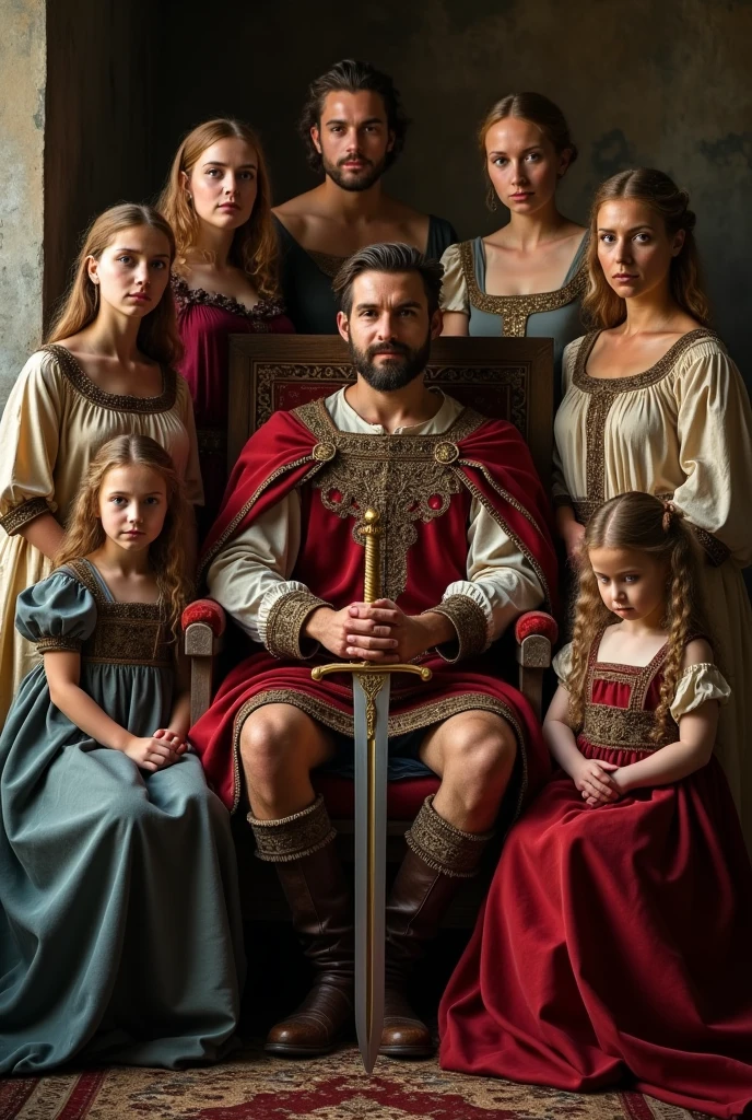 family portrait in medieval style - in the middle sits in a chair a man king holding a sword, and around him 6 women
