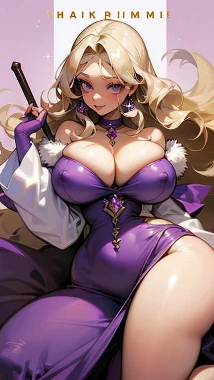 ((masterpiece))、(((Highest quality)))、Highest quality, Solo Mature, Huge breasts, Huge Ass, Very curvaceous, Very dark skin, Long ash blonde hair with curls, Amethyst Eyes, Fuller lips, Fascinating, smile, Low Cut Dress, choker, White fur coat, Diamond Earrings, Thick thighs, Curvaceous physique、(Beautiful nipples)、(Sexual suggestion)