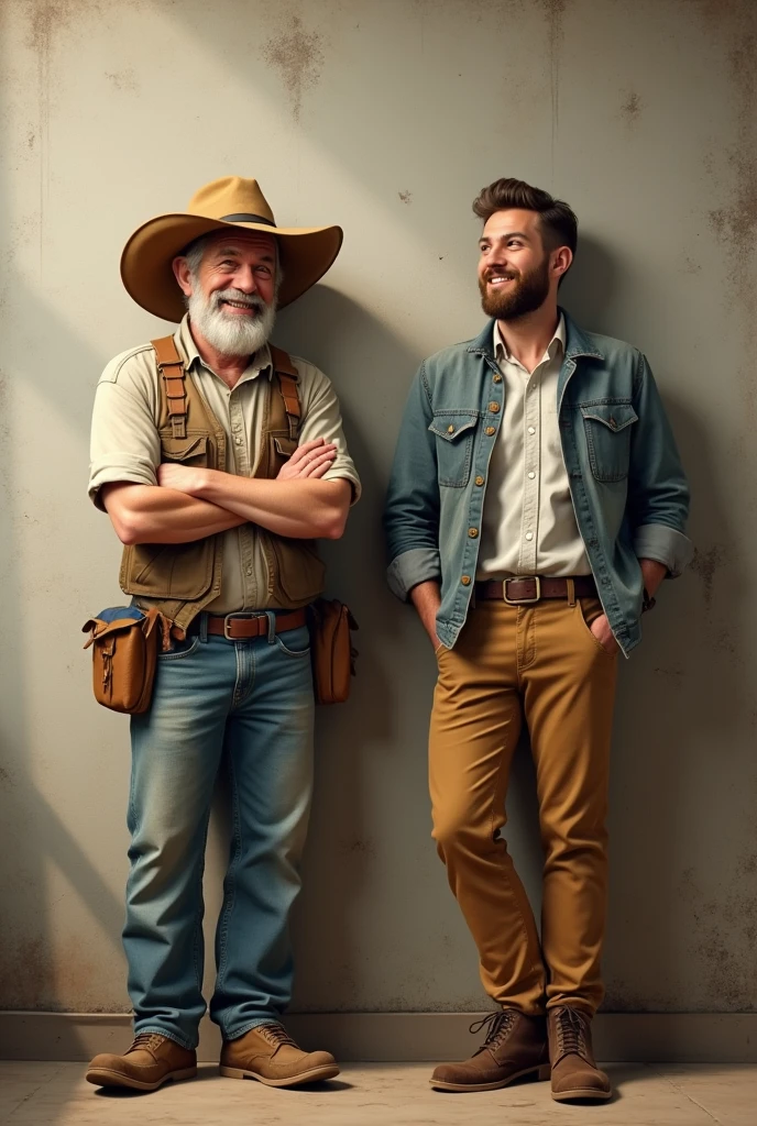 Farmer with arms crossed and a hat leaning against a wall. Together with industrial engineer also leaning on the same wall. both smiling.