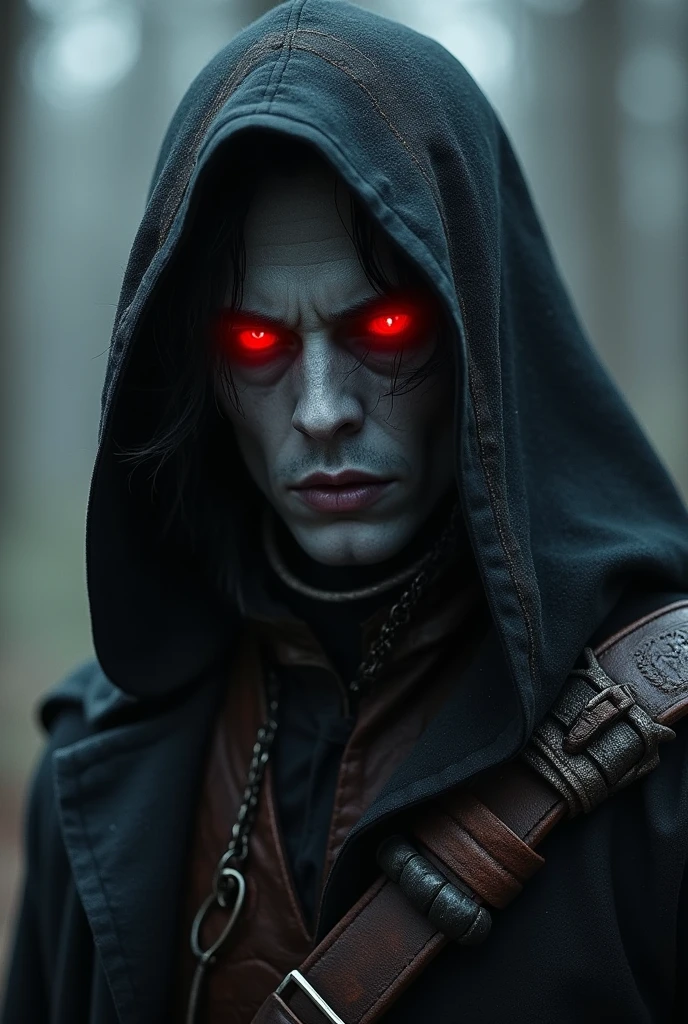 MAN eladrin rogue in hood with black hair, gray skin and red eyes