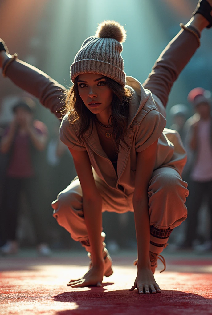 masterpiece、The highest masterpiece、Highest quality、Detailed Description、beautiful、art、woman、break dance、Woman performing、Serious face、Knitted hat、Oversized clothing、Pants Style、Dance Battle、stage、Handstand、Spread your legs wide、One-handed standing、front、Angle from the ground、Young woman standing on her head, breakdancing, breakin, dynamic moving poses, dynamic poses full body, dynamic action poses, perfect dynamic poses, dynamic dance poses, dynamic poses realistic, dynamic vitality poses,. Dynamic Pose Full Body, Full Body Dynamic Pose, Super Super Dynamic Dynamic Pose,4K Graphics.