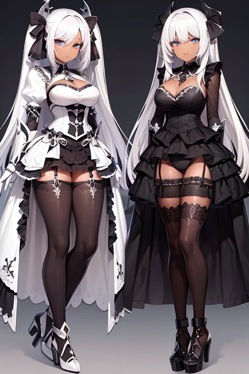 knight, brown skin, tight gothic armor, white hair with curlers, gothic eyes, gothic heels, gothic makeup
