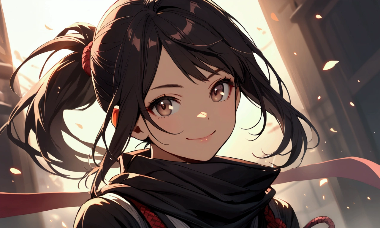 Smile, dark hair, girl, ninja, young face, hair in ponytail