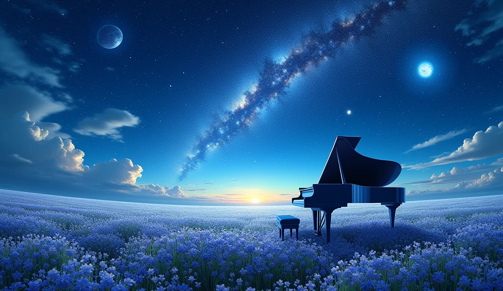 「Starry Skyの下、グランドpianoが置かれたFlower Field、青いグランドpiano、Milky Way Galaxy、Fantastic landscape」
「グランドpiano、Starry Sky、planet、universe、Mysterious atmosphere、Digital Art」
「piano、Flower Field、Fantastic landscape、Silence、Lonely」