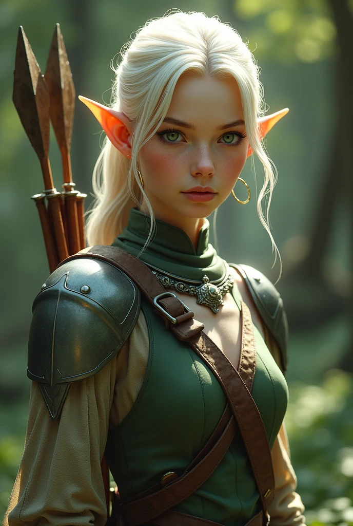 A medium-haired elf archer, almost white blondes, Emerald green eyes, pele alva, wearing simple war armor. The not so pointy ears.