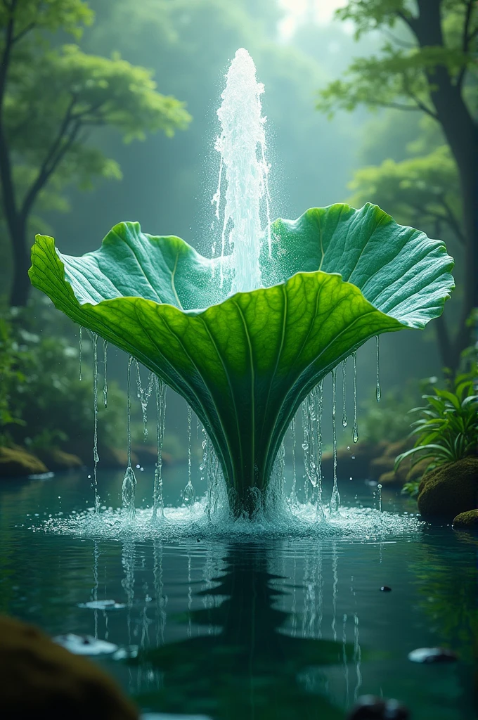 Water fountain coming out of a leaf