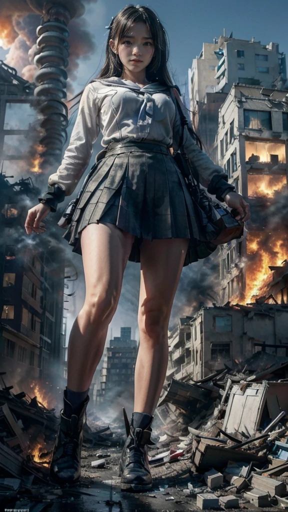 (Giantess Elements, High resolution, high quality, Accurate body structure, Detailed body), Japanese schoolgirl, Sailor suit, Towering Giant Girl, Looking up at a woman approaching from below, giant attacks city, cute, girl Destroy a small town, Destroy a small town, Naughty look, Japanese, White skin, smile, trampling buildings, rubble, Burning Small Town, destroyed small building, Collapsed highway, Cars are crushed, Evacuation of residents, sunset, Burning Small Town, please, walk, Trampling, Anatomically correct, Accurate human body, Accurate skeleton, Full body portrait, blue eyes, rubble scattered at feet, Higher than skyscrapers, Major impact, wonderful, Giantess Elements, Draw a woman in a big way, The rise of disruptive factors, making city smaller, rampage, city, building,