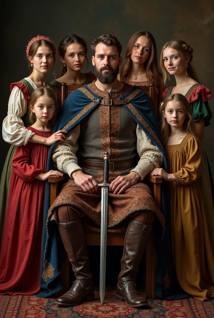 family portrait in medieval style - in the middle sits in a chair a man king holding a sword, and around him 6 women