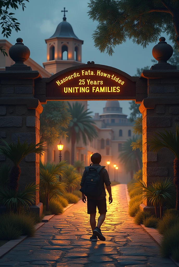 Hacienda Ozumba with an illuminated path along which a person is walking with a backpack on his left shoulder a sign that says this is the path to faith that works, 25 years uniting families In Spanish