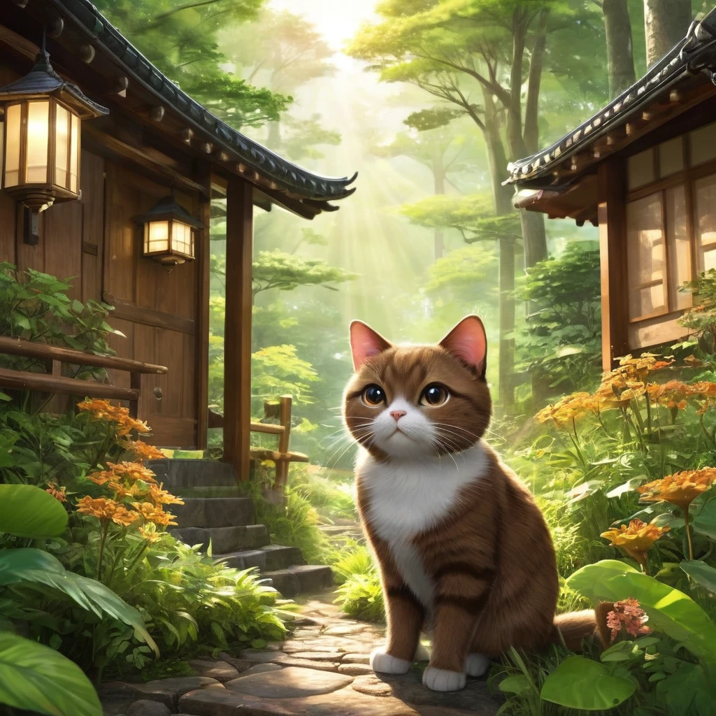 These scenes are depicted in a highly realistic style.、Make sure the cat's facial expressions and movements are exaggerated like a human's。
The main character is a brown cat with cute chubby eyes. The main character is one who never changes. Mimi, the brown cat, gazes out at the large forest that spreads out beyond the village.。Her eyes sparkle、Appearance of having a strong desire。A mysterious light shines into the entrance to the forest.、Attract Mimi's heart。
