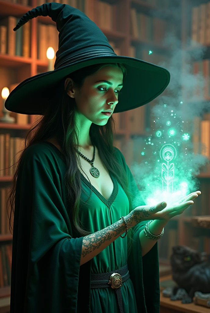 It depicts a modern witch who has adopted the world of cybernetics to enhance her magical abilities.. The work of art is、It must convey a fascinating blend of traditional magic and future technology.。. Here are some specific elements:: Witch&#39;s Lair: Cozy、A slightly creepy room is preferable, Lots of magic books, Crystal Jade, Portionの材料, Antique furniture. The room should be dimly lit with candles and soft lighting., A mysterious glow emanates from her cybernetic enhancements.. Cyborg Witch: The focus of this work is on the witch herself.. She&#39;s a striking figure who combines traditional witch costume with cybernetic enhancements.. Her outfit is witch-like, Occult Aesthetics, Wearing a loose robe, Pointed hat, Intricate Pentagram Necklace. Her Arms, but, 魔法のシンボルとGlowing Rune文字を組み込んだサイバネティックコンポーネントでアップグレードされている. Magical Interface: The witch is casting a spell, Holographic, A touchscreen interface floats before her.. This interface contains the spell of the spell, Mystical symbols, Digital Components, Demonstrating the fusion of magic and technology. Spell Ingredients: On a nearby table, Spell Ingredientsのコレクションがあるはずです, Herbal, Portion, and magical artifacts. Some of these items may have been modified with cybernetic enhancements., The boundary between nature and technology becomes blurred. Familiar: Witch's Familiars, It could be a cat or a crow., Should be in the scene, As her magical companion. Familiars may also have subtle cyber enhancements or glowing eyes.. Glowing Rune: 部屋の壁や床には古代のシンボルやGlowing Rune文字が飾られているべきである, It contributes to a magical atmosphere.. Ether lighting: Use the Mystical Combination, The magical lighting and cyber glow create a mesmerizing interplay of light and shadow.. Contrasting Traditions