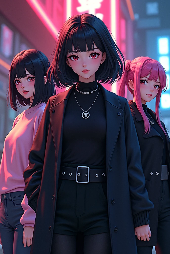 E-girl in a light pink sweater with black Power hair, with outlined, and E-girl with black coat and curly black Power hair, and another e-girl with a black coat, straight hair with pink bangs, a little towards the shade of red, with the rest of her hair black, and finally a dark-haired man with short hair shaved on the side, with a thick cord, with a black blouse