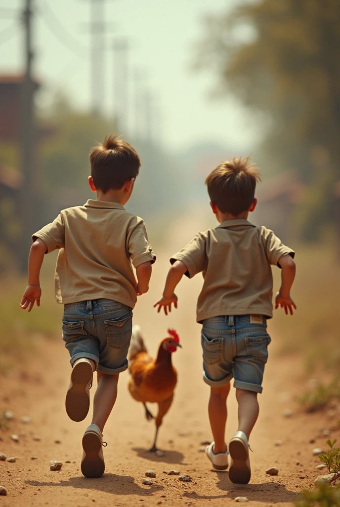 two boys running after a chicken