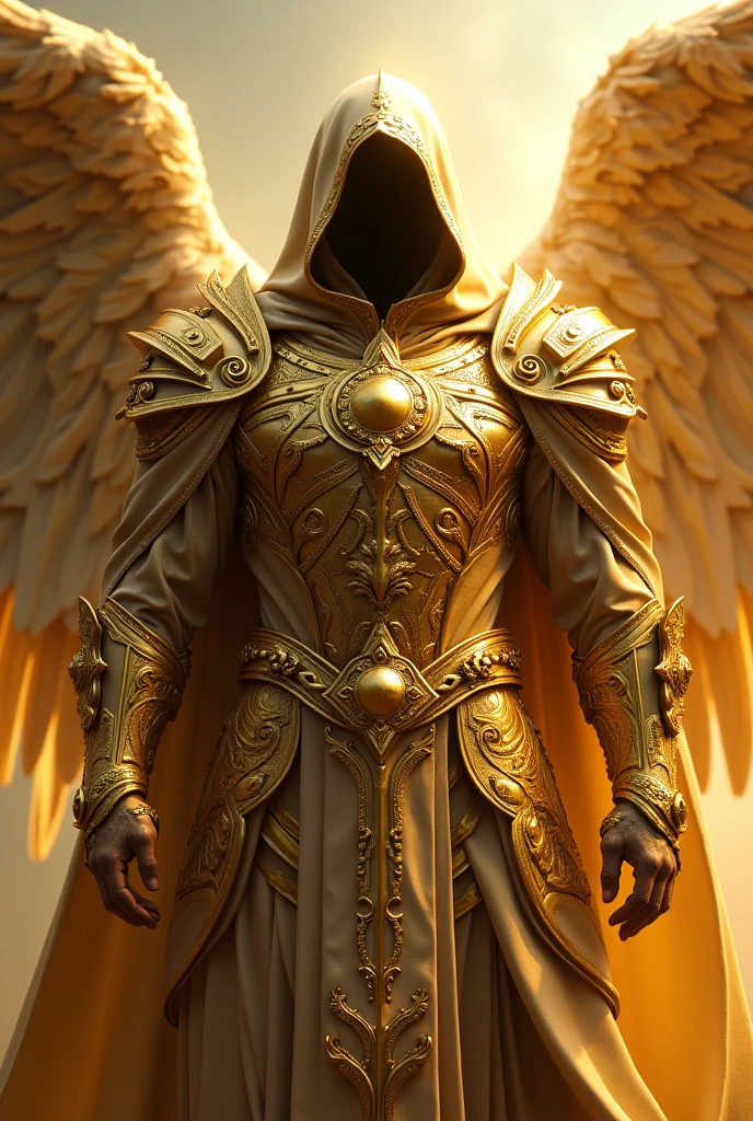 He has an unusual aura, he is a very strong man,full body shot,Wearing the best of golden equipment all over, hooded, face not visible, archangel,,4K