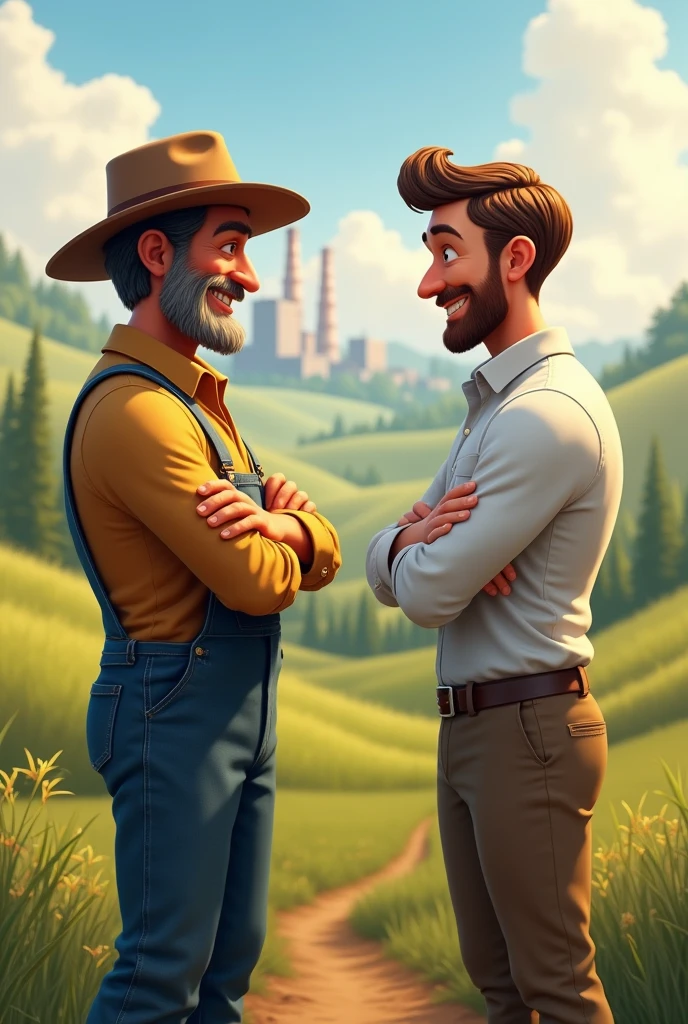 Smiling farmer with arms crossed and a hat turning his back to an also smiling industrial engineer.