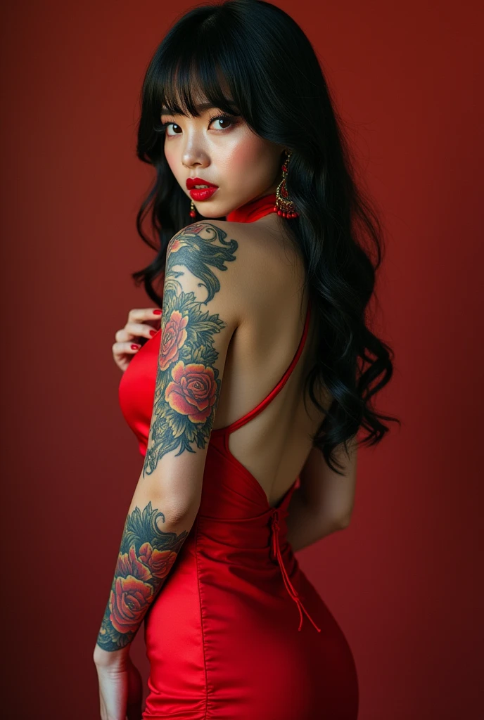 masterpiece, 1girl, solo, tattoo, natural big breast, red eyes, black hair, chinese clothes, red dress ,dress ,looking at viewer, back view, earrings, jewelry, arm tattoo, stand pose, china dress, red lips, nail polish, bangs, clothing cutout, red theme, lips, (disgust:1.3), 150mm lens, photography"