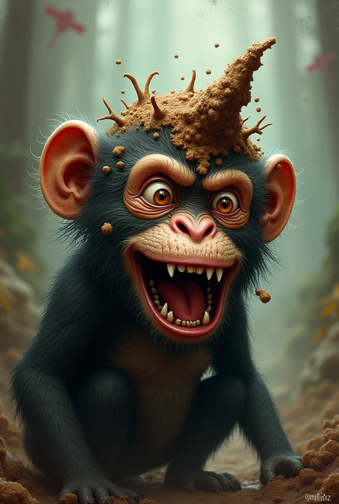 Crazy monkey with shit on his head 