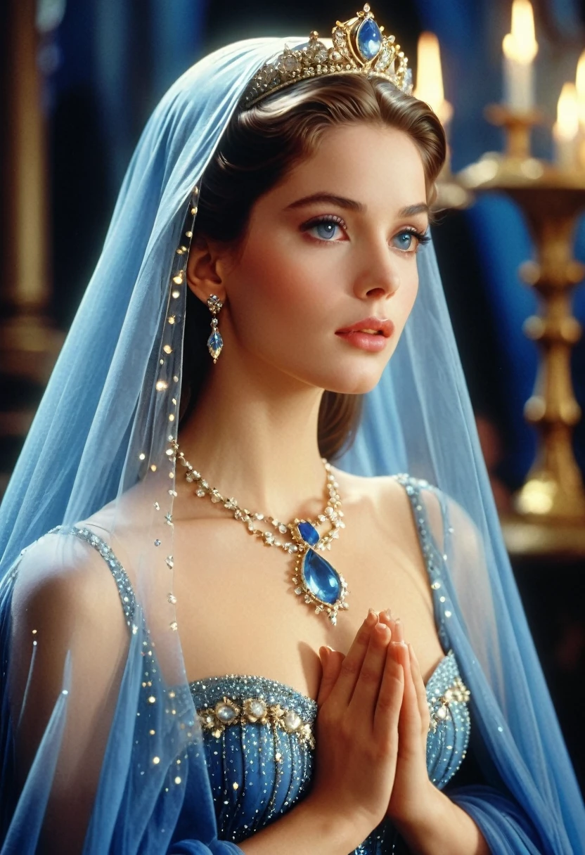 beautiful and elegant cinderella 1990 live - action movie first look, grainy, vhs filter, dominant pose wearing blue tulle cape and cloak, formidable beauty with unimaginable beauty and power, praying and she glistens with crystals all over her dress and cape and cloak and hair and maked up eyes, she has celestial breathtaking beauty that while you look at her you will be completely subdued, she has her pilgrimage for sacred love, she has unimaginable beauty with sacred and holy aura, wearing a translucent veil covering her lips and nose all the way to the neck