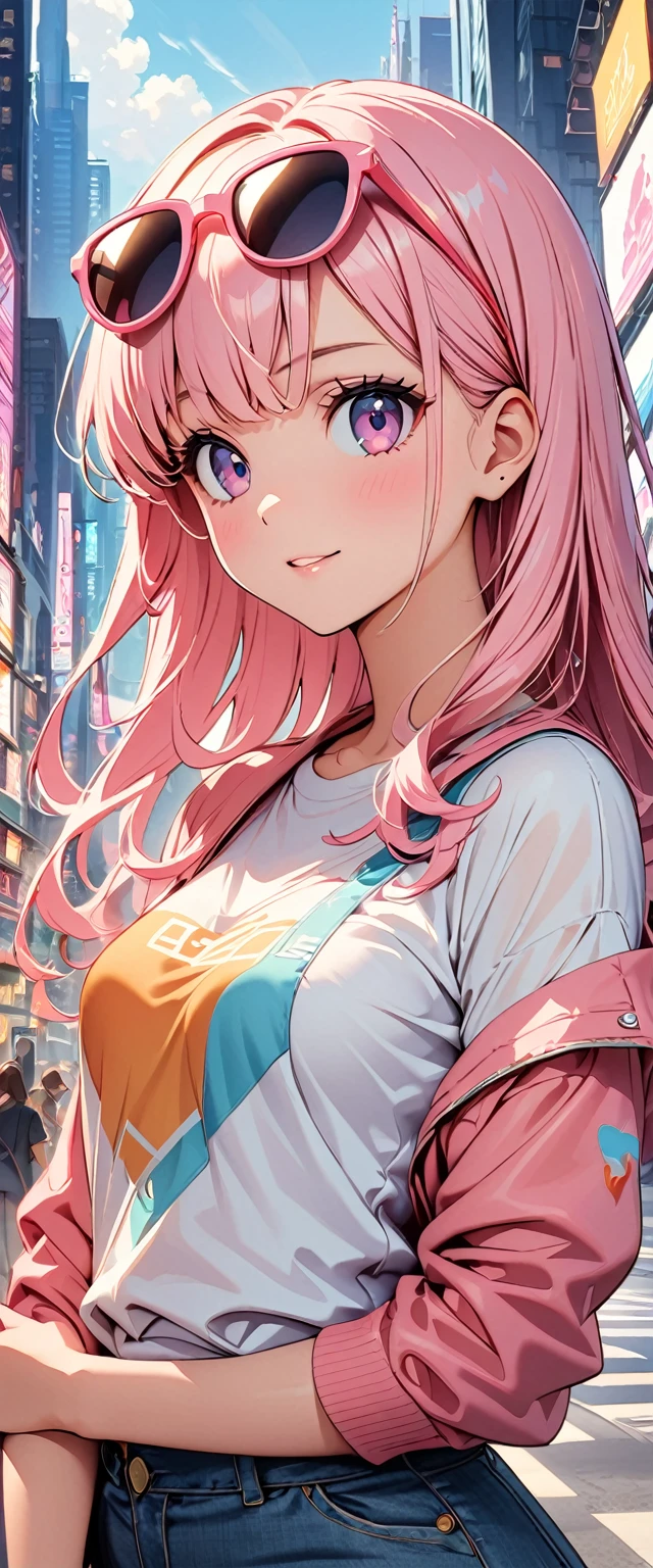 (Highest quality:1.2、City Pop Style、Very detailed、up to date、vivid、High contrast、masterpiece:1.2、Highest quality、Best aesthetics)、girl、Colorful Hair、(Hair Ribbon:0.4), Pink Eyes,(((White bun hair))),(((Pink long hair)))、(Small breasts)、Pastel colors、1980s Style、((Future metropolis、Retro、vintage))、Logo Jumper、(Sunglasses on head)。