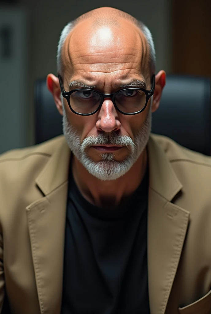 Male thin face , thin lips white beards , bald bald , round frame glasses, black color, tinted lenses, black t-shirt with beige jacket , in the office
