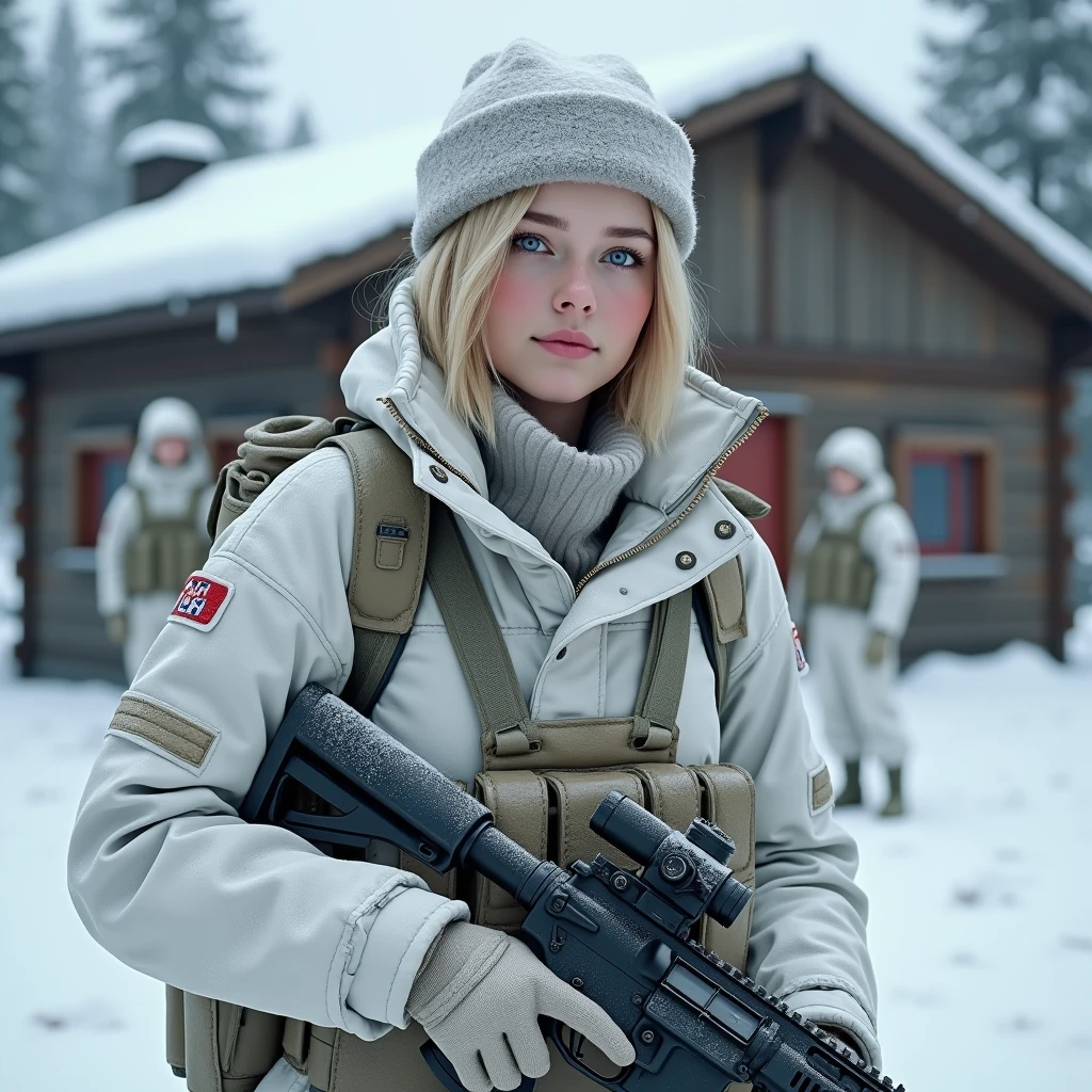 Generate an image of a Norwegian 24 years old female junior officer wearing a camo white winter uniform and a camouflaged military cap. Her uniform is warm to resist the winter low temperatures. She is relaxing after a firece battle. She is holding a HK 416 white painted automatic rifle with a 4x scope and she stands in a relax pose in front of a wooden house on the edge of a snowy Nordic european forest. Some other soldiers from her platoon are resting around her. she wears full combat gear and she is smirking despite hours of harsh combat. she has light very short light blond hair with blue-grey eyes. She is very beautiful and her youthfull face contrasts with her combat experience. She is preparing for another combat soon, 8k resolution. half body shot