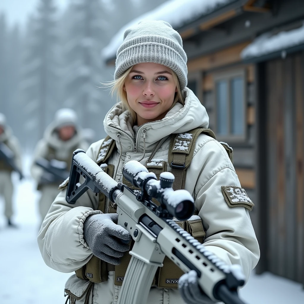 Generate an image of a Norwegian 24 years old female junior officer wearing a camo white winter uniform and a camouflaged military cap. Her uniform is warm to resist the winter low temperatures. She is relaxing after a firece battle. She is holding a HK 416 white painted automatic rifle with a 4x scope and she stands in a relax pose in front of a wooden house on the edge of a snowy Nordic european forest. Some other soldiers from her platoon are resting around her. she wears full combat gear and she is smirking despite hours of harsh combat. she has light very short light blond hair with blue-grey eyes. She is very beautiful and her youthfull face contrasts with her combat experience. She is preparing for another combat soon, 8k resolution. half body shot