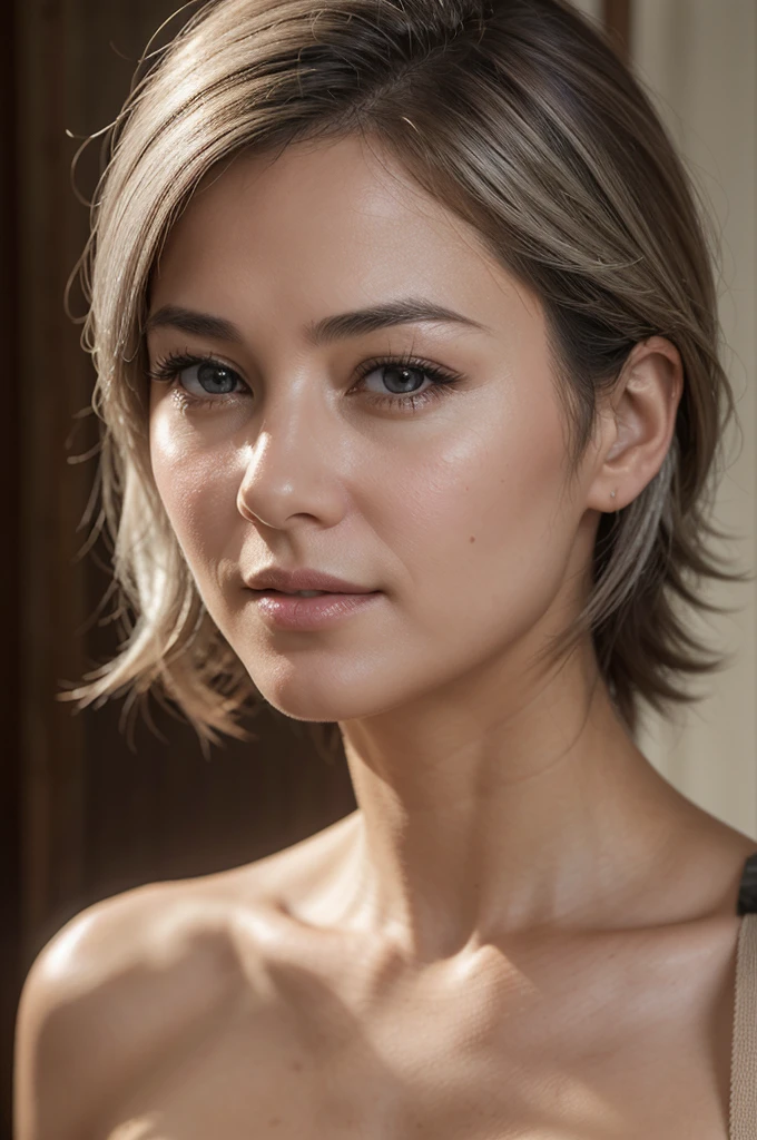 (8k、RAWE Photo、Highest quality、masterpiece:1.2)、(Real、Photorealistic:1.37)、Super detailed、Ultra-high resolution、1 girl、Beautiful detailed face、(Feather Cut: 0.6)、Professional Lighting、The lighting is bright、actress、model、naked、Daytime、bright、 simple background ,Simple Background、full body,40-year-old woman、Mature Woman、American、Silver Hair、