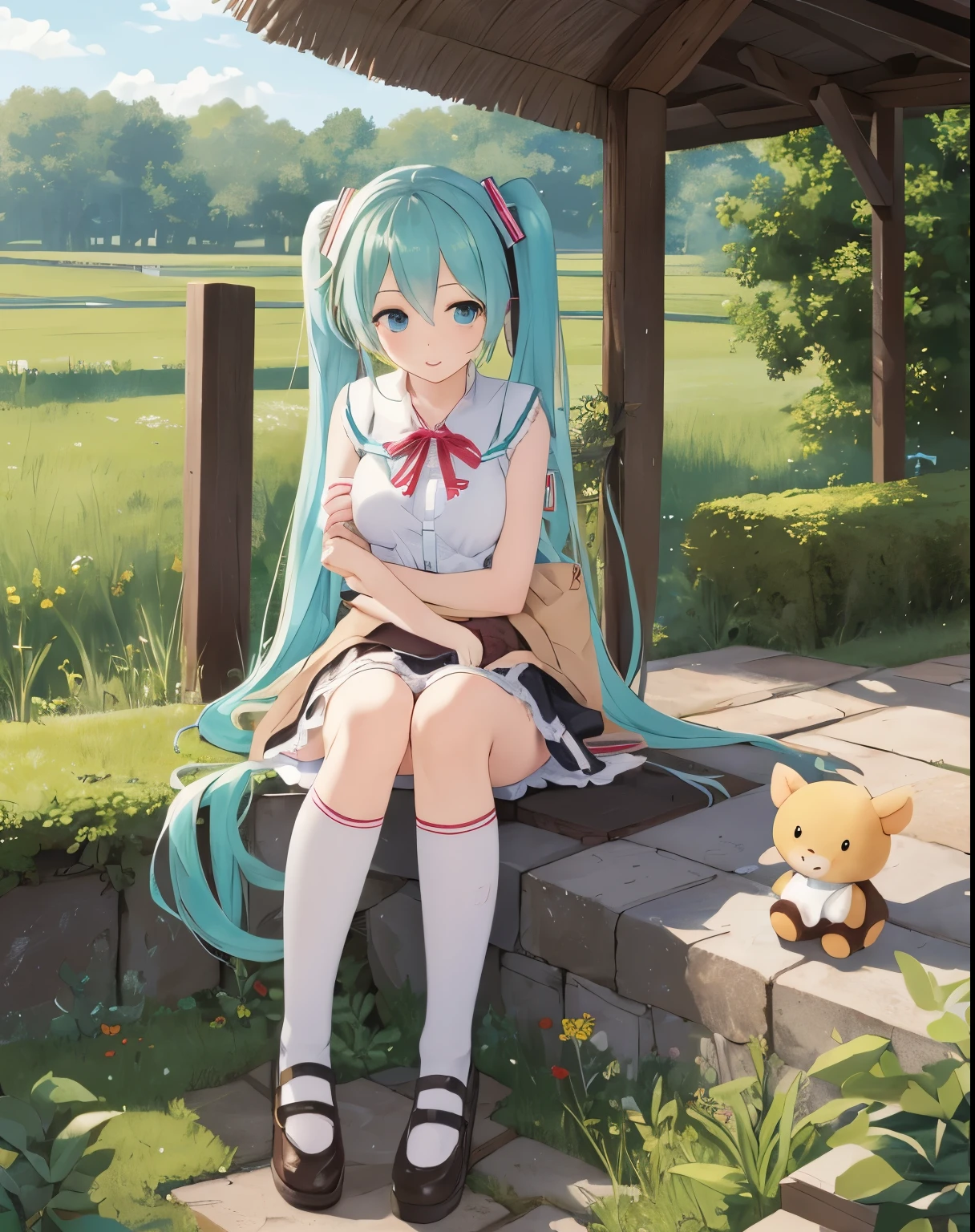 masterpiece, best quality, 1girl, hatsune miku, peeing on a doll, a doll being peed on