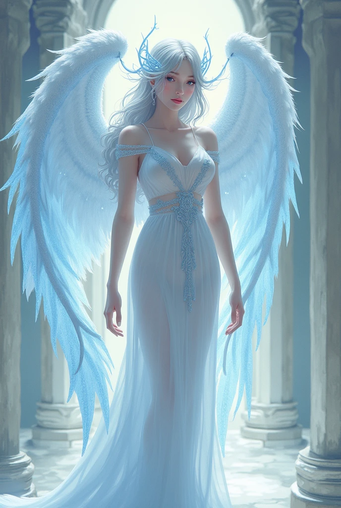 An illustration　Hermaphrodites　Angel Wings　Her skin turns white、lips are light pink　The eyes are bright blue and clear.　Clothing is&#39;Don&#39;t expose too much skin　Her hair is silver and、Contains blue mesh　landscape
