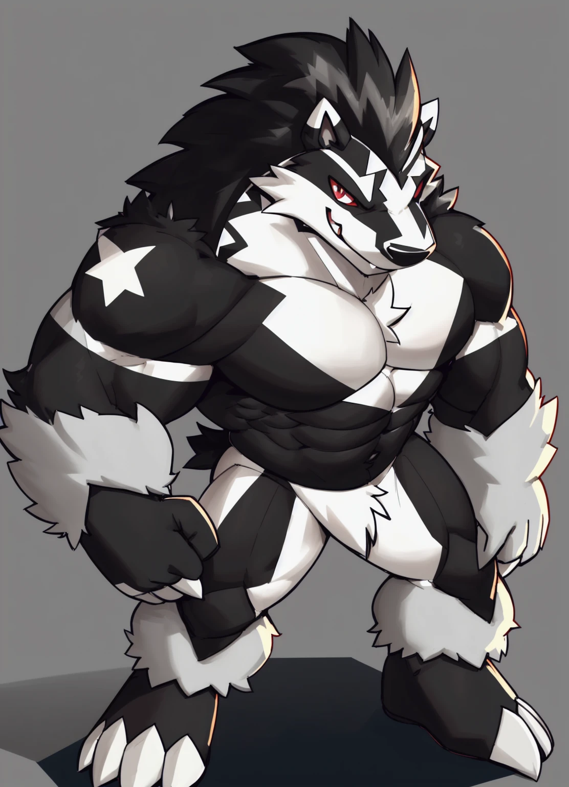 obstagoon, full body,score_9, score_8_up, score_7_up, score_6_up, score_5_up, score_4_up,((obstagoon(pokemon),male furry)), red eyes, (pose:1.3), (posing:1.3), (soft shading), 4k, hi res, five fingers, detailed hands, ((detailed face, (detailed eyes:1.3), detailed)), (((full body))),show legs,show feet,(by metokuron:1.5), solo, looking at viewer, 1boy, standing, male focus,((topless,bottomless)), abs, biceps, flexing, smile,