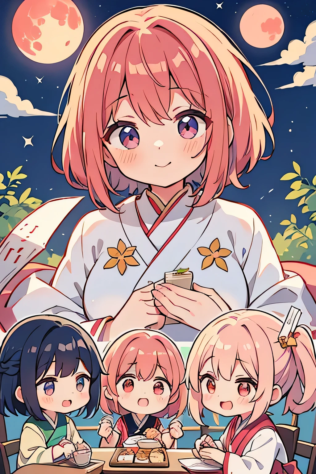 Highest quality、High resolution、Detailed Background、(Beautiful face in every detail:1.4)、Highly detailed face、Normal number of fingers、Teenage beauty、Huge breasts、Perfect body line、Light color hair、Twin tails、Bobcut、ponytail、Cute gestures、Fun atmosphere、A big smile、Tsukimi、
Enjoying Tsukimi、Tsukimi spending time with friends、
At dusk、A girl and her friends are gathered in a nearby park.、
Everyone brought homemade dumplings and sweets, looked up at the big, bright red moon, and chatted happily.、While eating dumplings「This year's Tsukimi is very beautiful!」「Moon、I wish you a happy new year.!」I'm exchanging words with、
Some children were playing by making origami moon-shaped paper and folding it skillfully together with their friends.、「My Origami Moon、copper?」"「This is how I folded it」The atmosphere is peaceful and friendly.、
When the children got tired of playing, they sat down on the blankets.、We started singing Tsukimi's song together.、
I can feel myself creating heartwarming memories under the gentle moonlight.